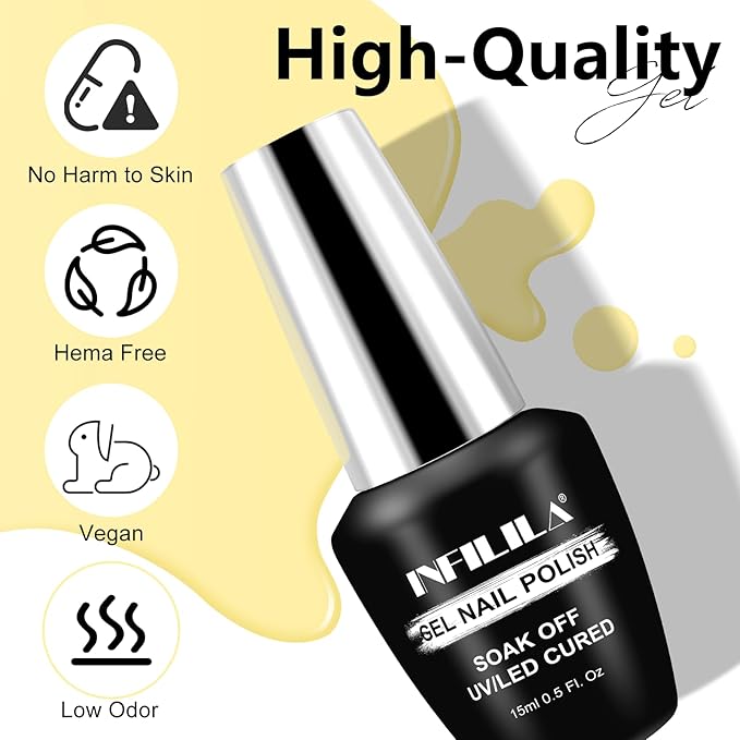 NXJ INFILILA Pastel Yellow Gel Nail Polish, 15ml 0.51oz Light Butter Yellow Gel Polish One-Stroke Coloring, Hema Free Bright Color High Gloss Soak Off Manicure Salon DIY SQ112