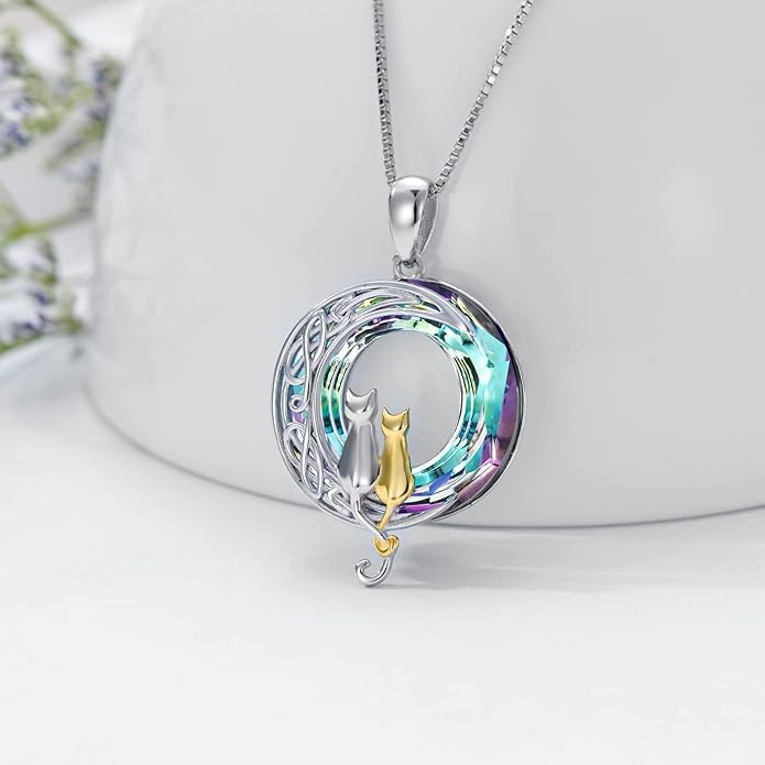 TOUPOP Cat Gifts for Cat Lovers One Two Three Four Cats Necklace Sterling Silver Cats on the Moon Pendant Necklace with Blue Circle Crystal Birthday Christmas Celtic Jewelry Gifts for Women