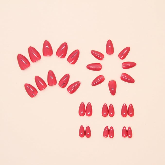 JONKASIPA Medium Press On Nail Chips - Red Almond Shape Press On Nail Chips, Fashionable French False Nails Designed for Women, Available in 12 Sizes, Includes 24 Pcs Nail Chips Set