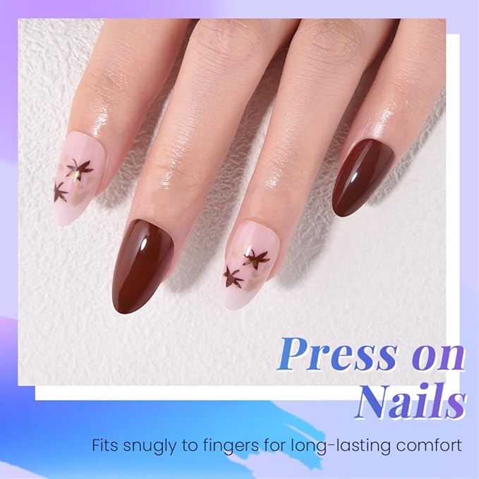 evpct Coffee Brown Press on Nails Short Almond with Leaves Design, Maple Leaf Pink Stick on Nail for Women Gift with Manicure Kit, Reusable Soft Gel Stick on Fake Nail with Designs Perfectly Fit