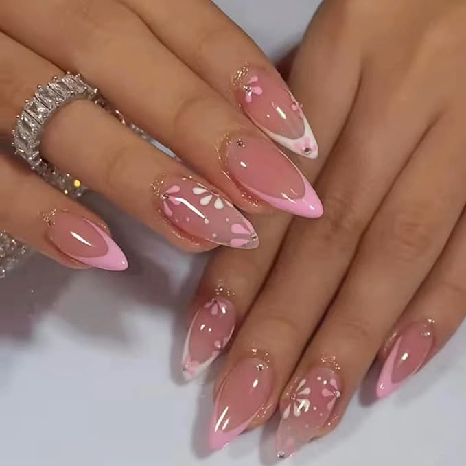 24Pcs Short Almond Press-On Nails Medium Pink Floral French Tip Glossy&Elegant Full Cover Fake Nails for Women&Girls Spring,Daily Wear