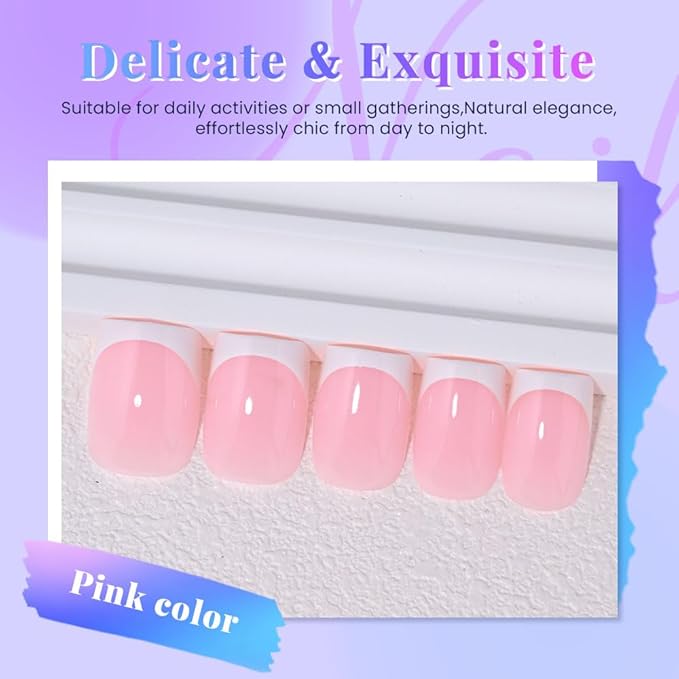 XZMeiLun Pink White French Tips Press on Nails, Short Square Acrylic Fake Nails Design, Natural Reusable Glue-On Nails Kit for Women DIY False Nail Art Decoration Gift, Salon Quality Reusable 32 Psc