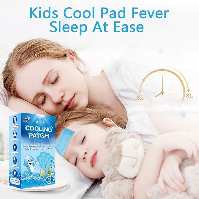 EASYEAH 12 Sheets Cooling Patches for Fever Discomfort & Pain Relief, Cooling Relief Fever Reducer, Soothe Headache Pain, Pack of 12