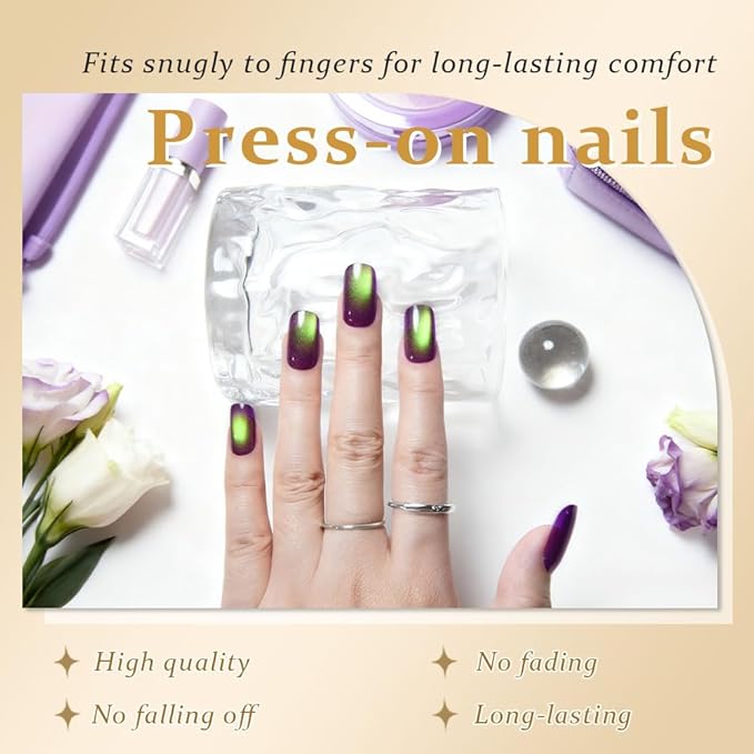 evpct Dark Grape Purple Green Metallic Cat Eye Press on Nails Square Medium, Stick on Nails Medium Length Square for Women, Metallic Nail press ons, Iridescent Glitter Acrylic Fake Press on Nail