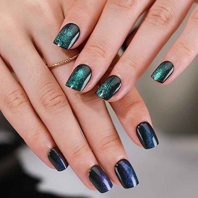 evpct Green Cat Eye Extra Short Press on Nails Square, Petite Short Square Stick on Nails for Women Gift, Emerald Green Metallic Glitter Glossy Reusable Gel Press on Acrylic Fake Nail with Designs