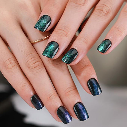 evpct Green Cat Eye Extra Short Press on Nails Square, Petite Short Square Stick on Nails for Women Gift, Emerald Green Metallic Glitter Glossy Reusable Gel Press on Acrylic Fake Nail with Designs