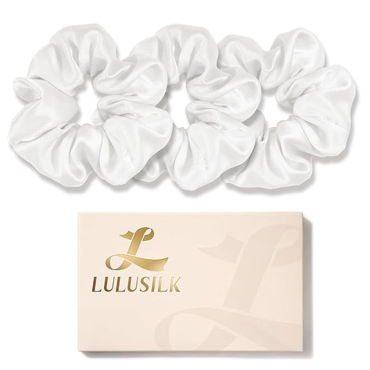 LULUSILK Silk Scrunchies for Hair Sleep, 100% Real Mulberry Silk, No Damage Hair Ties for Women and Girls, Gorgeous White, Pack of 3