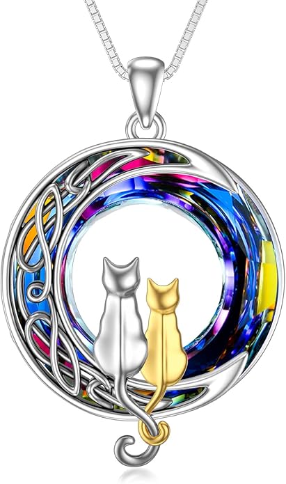TOUPOP Cat Gifts for Cat Lovers One Two Three Four Cats Necklace Sterling Silver Cats on the Moon Pendant Necklace with Blue Circle Crystal Birthday Christmas Celtic Jewelry Gifts for Women