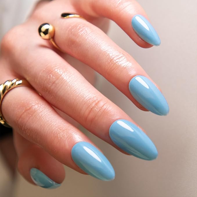 JONKASIPA Pressed On Nail Art Short - Soft Light Blue Almond Shaped Fake Nails, French Pointed Nails Designed for Women, Nail Art Set for Everyday Wear