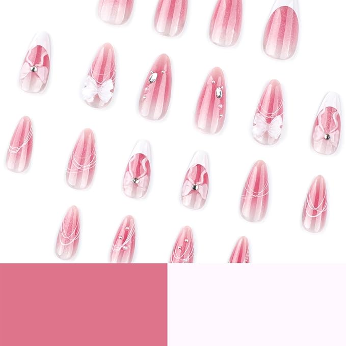 24pcs Pink Glitter French Tip Press on Nails Medium Almond Fake Nails Glossy Gradient False Nails with Rhinestones Design Bow Stick on Nail Glue on Nails Acrylic Artificial Nail for Women