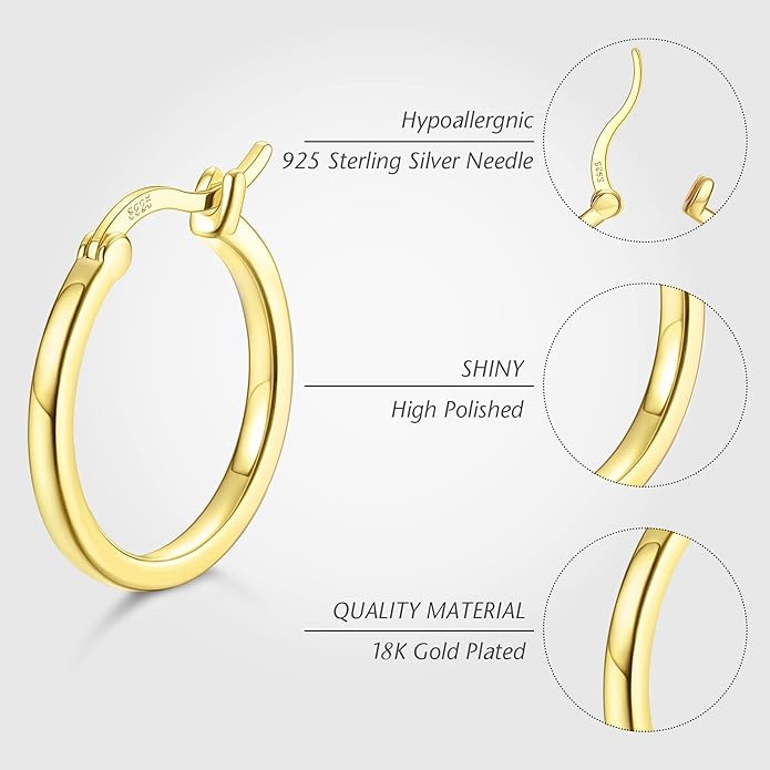 Hayoso 18K Gold Plated Hoop Earrings - 925 Sterling Silver Hoop Earrings Womens Hypoallergenic Hoops | Square Tube Hoop Earrings for Women 15mm/20mm/30mm/40mm
