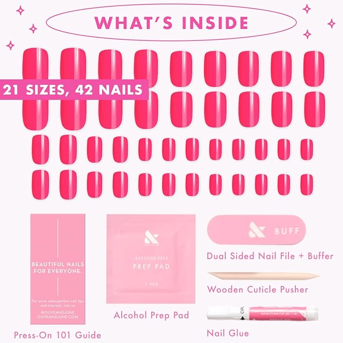 Olive & June Instant Mani Press-On Nails | (Glue) Short, Squoval 42 Fake Nails, 21 Sizes | Non-Toxic, Long-Lasting Recycled Materials Realistic Look | Salon-Quality at Home | Hot Strawberry