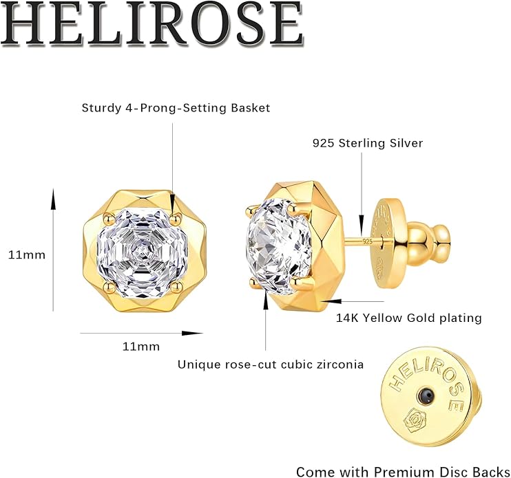 Cubic Zirconia Stud Earrings for Women | Rose Cut Simulated Diamond Earrings in 14K Gold Plated Sterling Silver Posts | Hypoallergenic Vintage Style | Wedding, Luxury Gift for Her