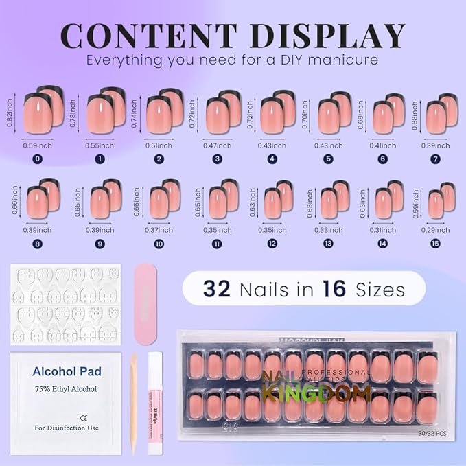 XZMeiLun Nude+Black French Tips Press on Nails, Short Square Acrylic Fake Nails Design, Natural Reusable Glue-On Nails Kit for Women DIY False Nail Art Decoration Gift, Salon Quality Reusable 32 Pcs