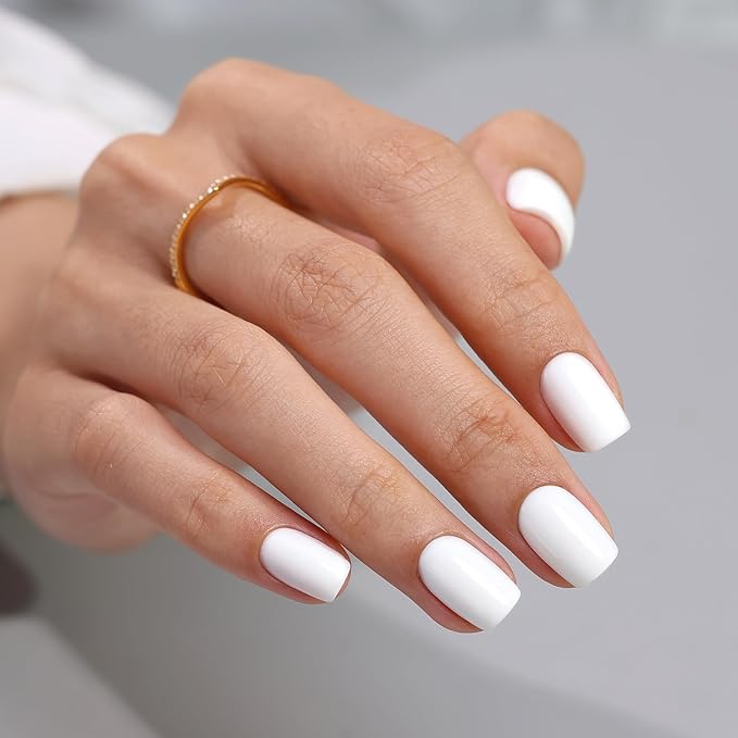 SHANGMENG White Press on Nails Short - Soft Gel Valentine Square Press on Nails for Women Gift, Fit Perfectly & Natural Glue on Nails in 16 Sizes - 32 Reusable Fake Nails Kit with Glue, Classic White