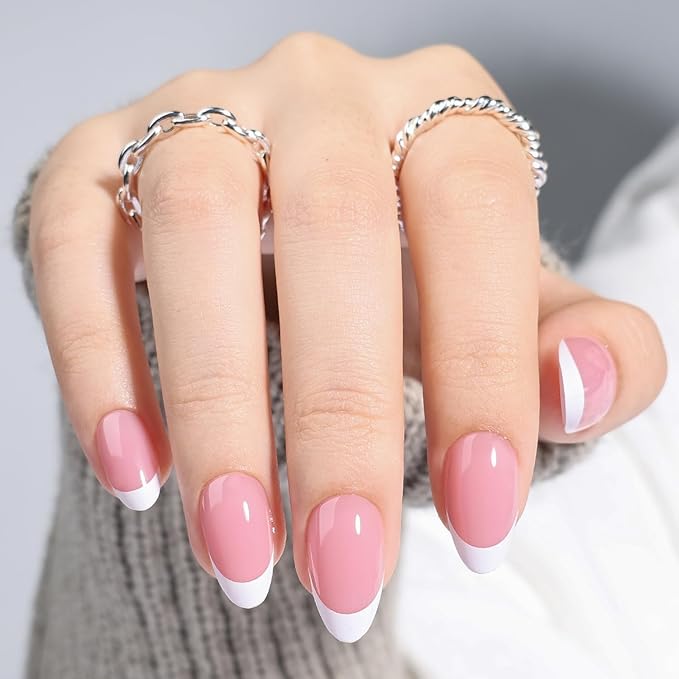 Leefrei French Tip Press on Nails - Pink Short Almond Press on Nails, Glossy Fake Nails Reusable Nails Press ons for Women, 32 Pieces in 16 Sizes False Nails Kit with Glue, Petal Milk