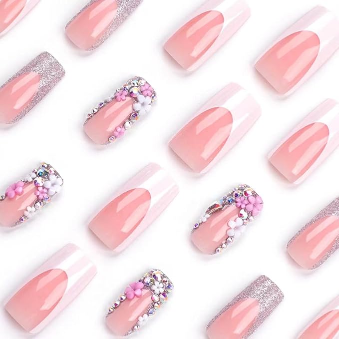 Medium Press on Nails Square - White French Tip Fake Nails with Floral Charms Design - Rhinestone Glitter Full Cover Stick on Nails for Women 24 Pcs
