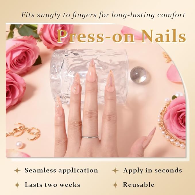 XZMeiLun French Tips Press on Nails Almond Medium Length - Stiletto Acrylic Fake Nails with 3D Gold Line Cat Eye Floral Design, Reusable Glue-On Stick for Fall Flower Fashion Nails for Women