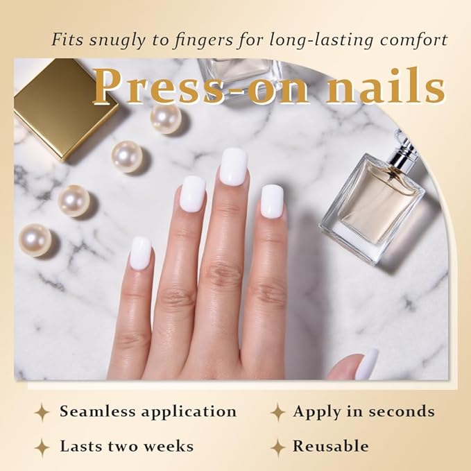 evpct White Glossy Press on Nails Short Square, Glossy White Fake Nails Summer Reusable, Acrylic False Nail Stick on Press ons for Women Gifts, Perfectly Fit Durable False Nail Kit & Gel 30Pcs