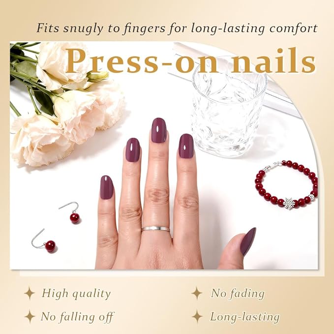 evpct Dark Red Medium Oval Glossy Press on Nails for Women Gift, Glossy Dark Red Fake Nail with Nail Kit Manicure Kit, Soft Gel Full Cover Reusable Stick on Soft Acrylic False Nails Perfectly Fit