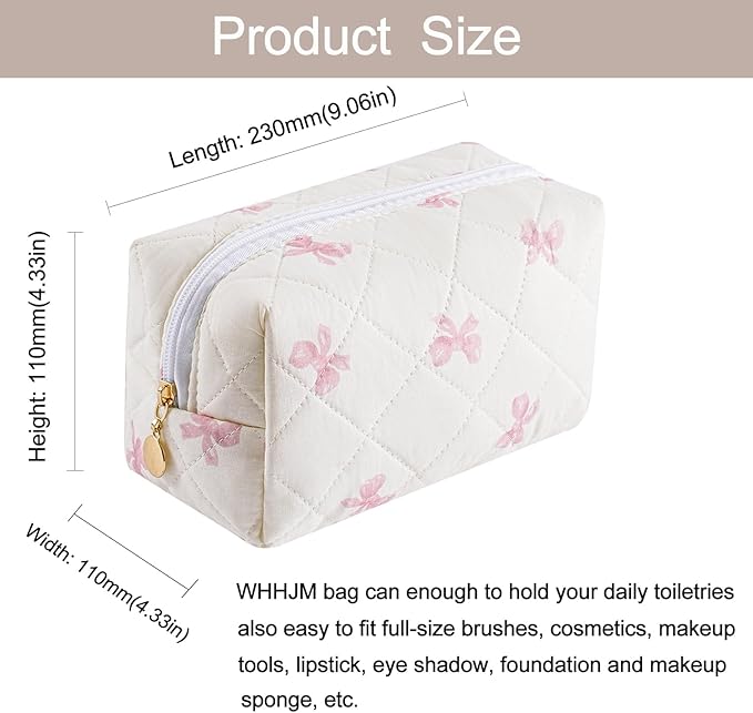 Cute Floral Makeup Bag Small Cotton Quilted Cosmetic Bag, Aesthetic Essential Bag Emergency Bag Gift for Women Girls Travel Accessories (Pink Small Bowknot)