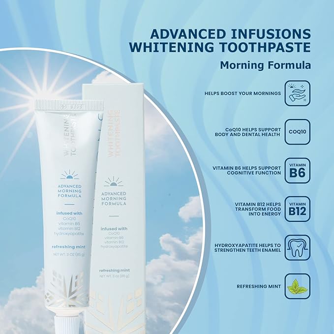 Snow Infusions Whitening Toothpaste, Advanced Morning Formula with Hydroxyapatite, CoQ10, Vitamins B12 and B6 for Energy Boost, Teeth Whitening Toothpaste - Advanced