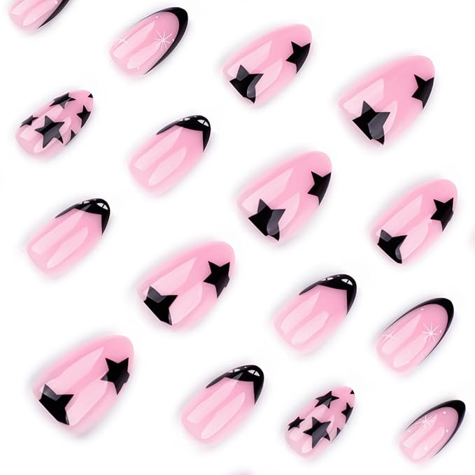 XZMeiLun Press On Nails Spring Acrylic Nails for Women - Star French Designer Fake Nails Short Almond 24PCS, Glossy Soft Gel with Glue, Outdoor Picnic/Wedding/Party Reusable Stick On Nails Gift