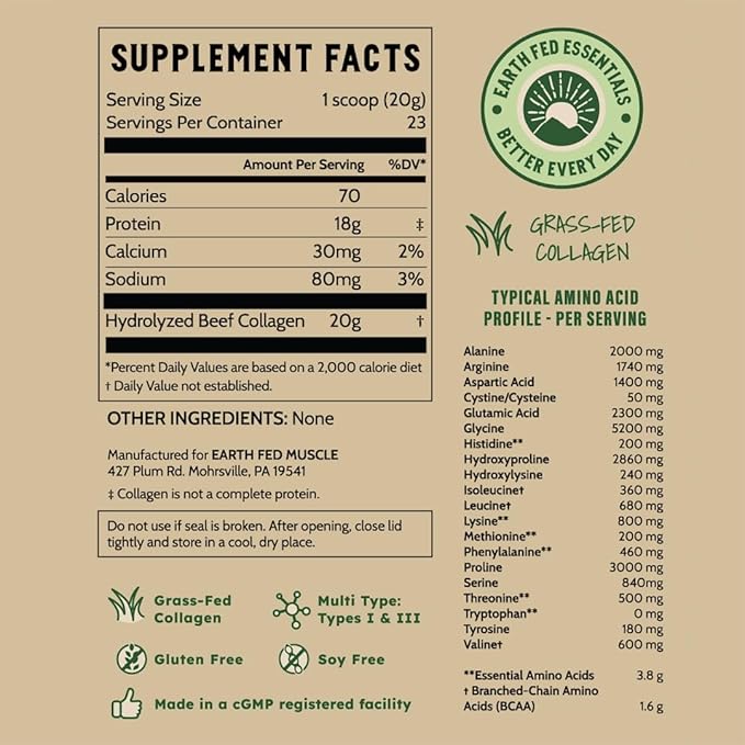 Earth Fed Muscle Collagen Peptides Powder – Unflavored Collagen Protein Powder for Women & Men | Supports Hair, Skin, Nails, Joints & Recovery | Sugar & Gluten-Free, Keto Friendly, 20g Per Serving