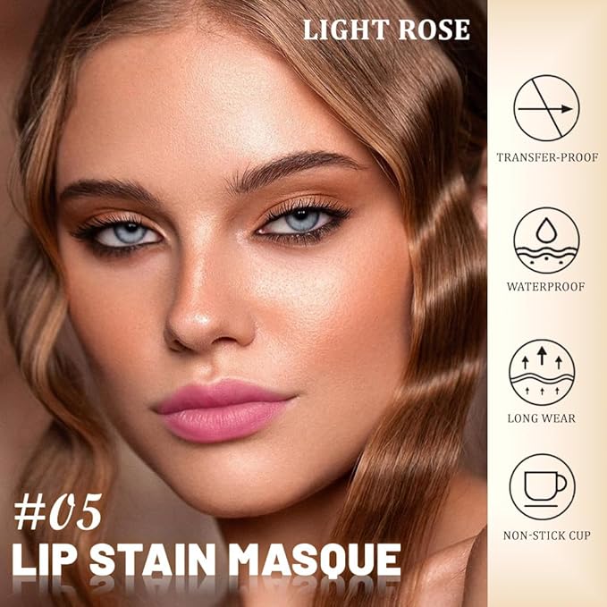 evpct Light Rose Peel Off Lip Stain Tints with Tweezer, Matte Lipstick Lip Stain Gloss Long Lasting Waterproof for Women, Non-stick Cup Lipstick Peel Off High Pigmented 24 Hrs Original Lips Stains, 05