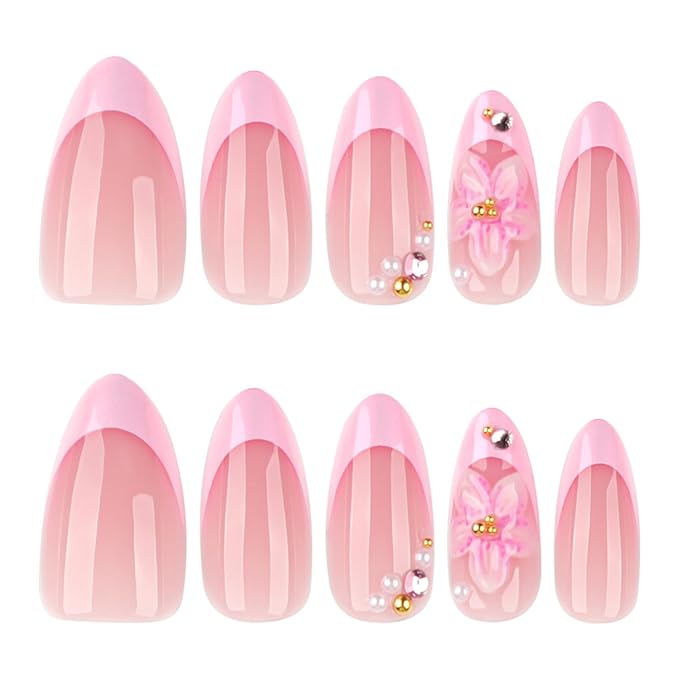 24Pcs French Tip Press on Nails with Charms 3D Pink Flower Designs Medium Almond Fake Nails French Nails Pink Stick on Nails Nail Tips Acrylic Nails Rhinestones Nails for Women Daily Wear