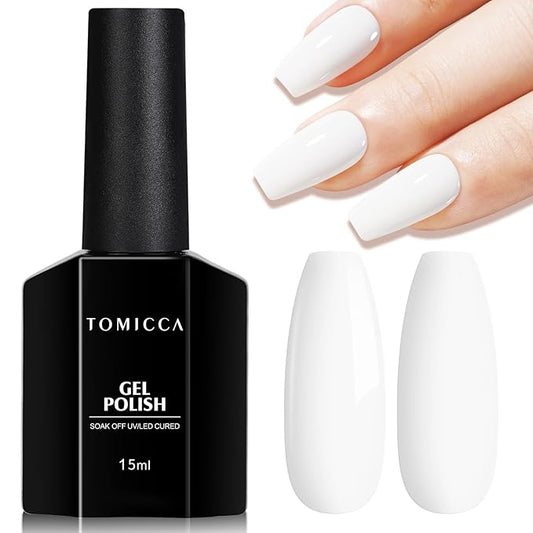 TOMICCA White Gel Nail Polish, 15ml White Gel Polish, Soak Off UV LED Soft Pale Color High Gloss Colors Long Lasting French Nail Art Manicure Salon DIY Design