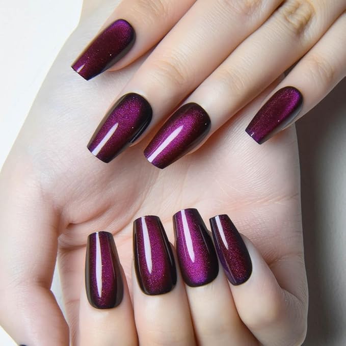 evpct Dark Purple Cat Eye Coffin Press on Nails Square Medium, Medium Square Stick on Nail for Women Gift, Dark Purple Metallic Glitter Glossy Reusable Soft Gel Press on Acrylic Fake Nail with Design