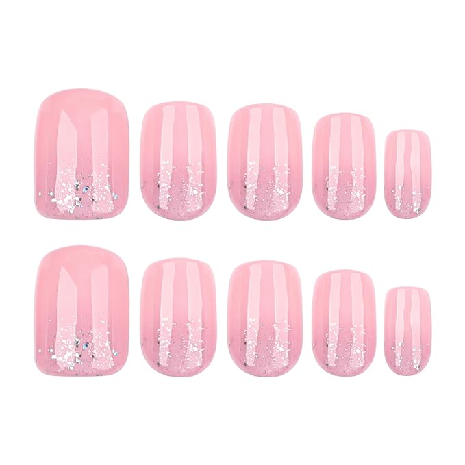 XZMeiLun Pink Flash Press On Nails Short Square, Glitter Ombre Design False Nails Short, Reusable Thick Acrylic Gel Stick On Fake Nails with Glue For Women, Salon Quality Nail Kit, Gift for Woman