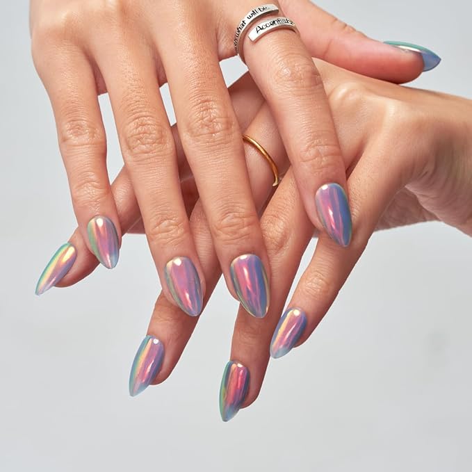 GLAMERMAID Blue Chrome Mermaid Press On Nails Short Almond, Mirror Powder Handmade Soft Jelly Gel Fake Nails, Glazed Donut Round Oval Stick Glue on Nails Kit for Women, Reusable Acrylic False Nail Set