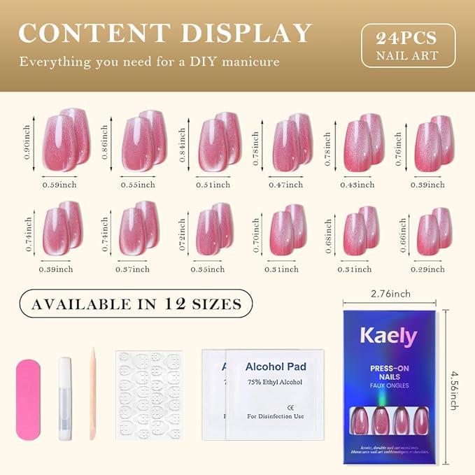 evpct Rose Pink Cat Eye Coffin Press on Nails Square Medium, Medium Square Stick on Nail for Women, Rose Pink Metallic Glitter Glossy Reusable Summer Soft Gel Press on Acrylic Fake Nail with Designs