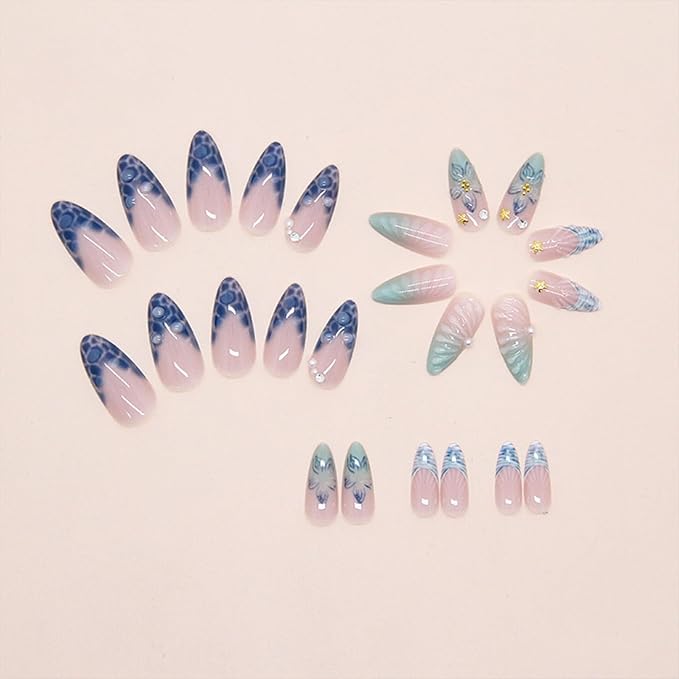 JONKASIPA 24 Pcs French Press On Nails, Medium Length Almond Shape Fake Nails, 3D Flower Nail Decoration Full Coverage Blue Patch Nails Artificial Nails For Women