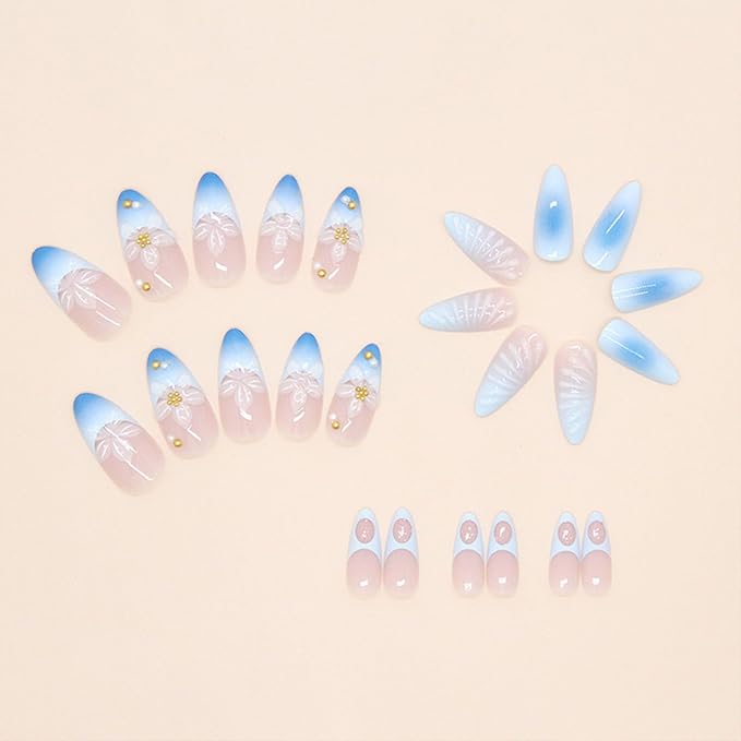 JONKASIPA Almond Press on Nails 3D Flower Stick on Nails French False Nails Acrylic Nails Glossy Artificial Nails Full Cover Glue on Nails for Women 24Pcs