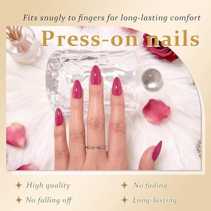 evpct Rose Red Glossy Press on Nails Short Almond, Glossy Fake Nail Stick on Nail for Women Gift with Kit, Salon Quality Soft Gel Stick on Acrylic False Nails Reusable Full Cover for Women Manicure