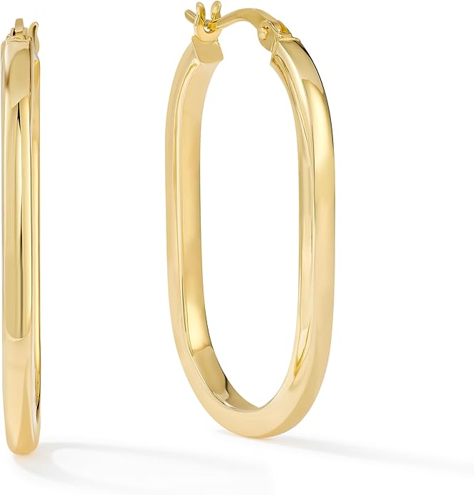 Gold Oval Tube Hoop Earrings for Women – High Polish Finish, Lightweight Hollow Design, 10K or 14K Real Gold