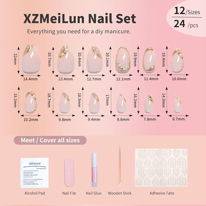 XZMeiLun Short Almond Press on Nails with French Tip & 3D Gold Line Pearl Charms Design, Glossy Full Cover Acrylic False Nails with Glue, Reusable Stick-on Fake Nails for Women- Fall Nail Art Gift