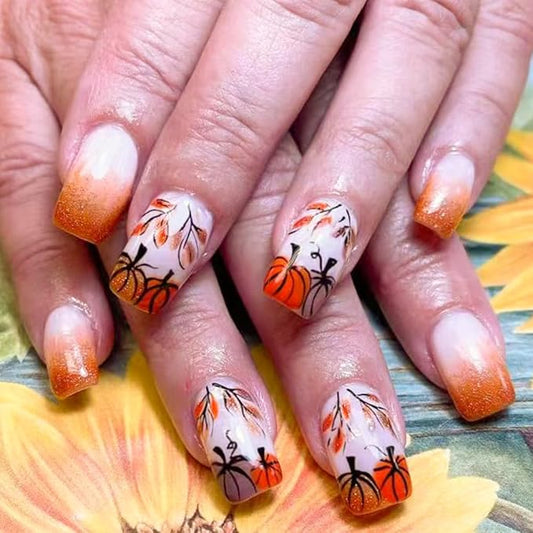 XZMeiLun Halloween Press On Nails Short Square, Orange Fall Acrylic Press On Nails, Pumpkin Designer Reusable Fake Nails, Glue On Nail Press Ons for Hallows' Day Women