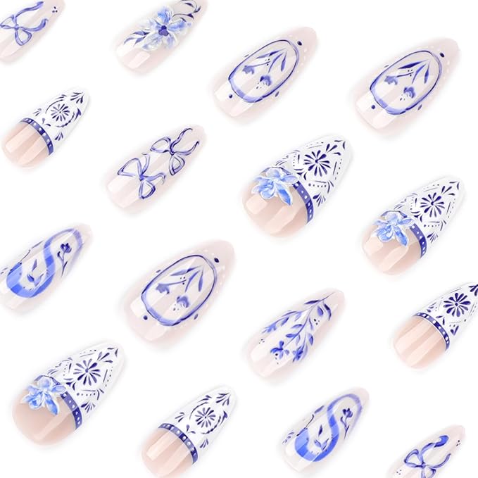 24Pcs Bohemian Style Press on Nails Almond Fake Nails Blue White French Manicure with Bow, Flower,Design Medium Snake Print False Nails Full Cover Artificial Nails Stick on Nail for Women DIY Manicure