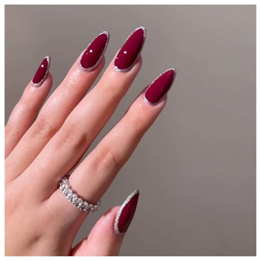 SHELWIN French Press On Nails Ready-To-Wear DIY Manicure Stick On Nails kit for Women 24 Pcs Short Medium Coffin Almond Shaped False Nails Gifts（Cherries）