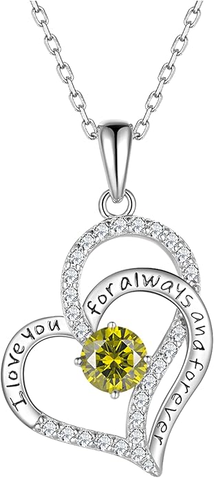 LynChoe Birthday Gifts Double Heart Birthstone Necklace for Women, S925 Sterling Silver Pendant Necklace Jewelry for Her Mother Mom Wife Girlfriend