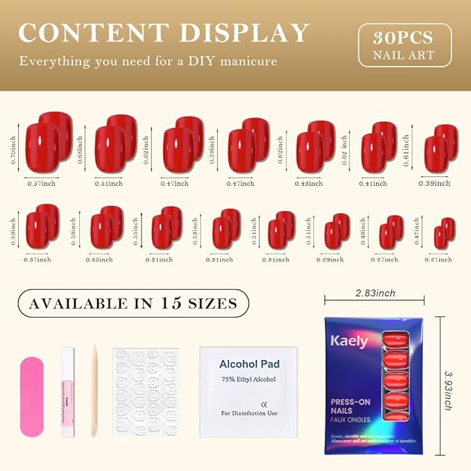evpct Ruby Red Short Press on Nails Square, Glossy Soft Gel Acrylic Fake Press on Nails Manicure Kit, Reusable Artificial Stick on Nail for Women, Full Cover Easy Application Easy At-Home Salon