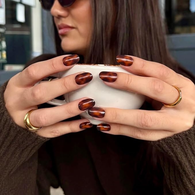 RPNZL Press On Nails - Tortoise | Amber Tortoise Shell Short Oval, Salon Quality | 32 Nails, 16 Sizes Kit with Glue and Adhesive Tabs I Female Founded - Beauty, Self Care