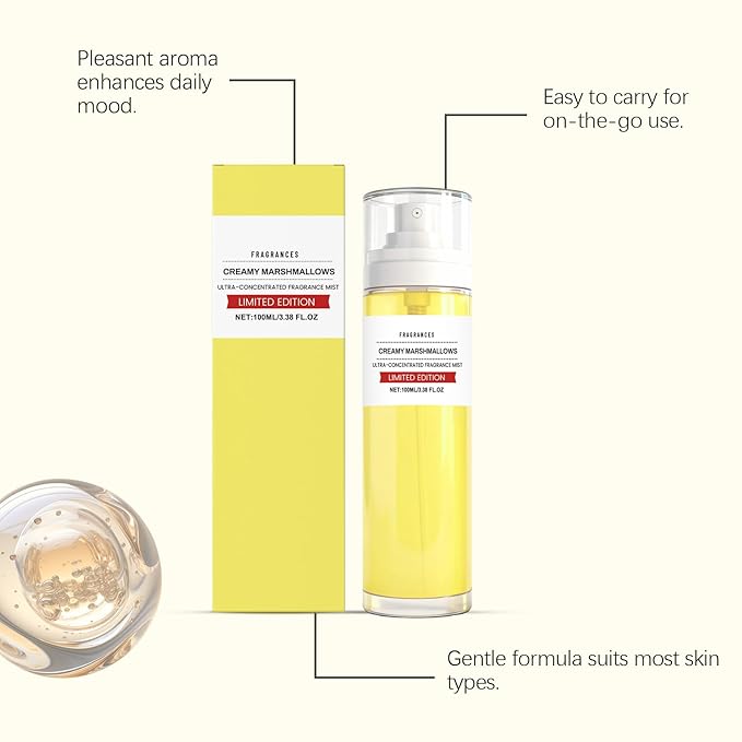 Creamy Marshmallow Fragrance Mist for Women, Sweet Vanilla Scented Body & Hair Spray, Long-Lasting Perfume Mist, Mood Boosting Gentle Formula, Travel Size Portable,100ml