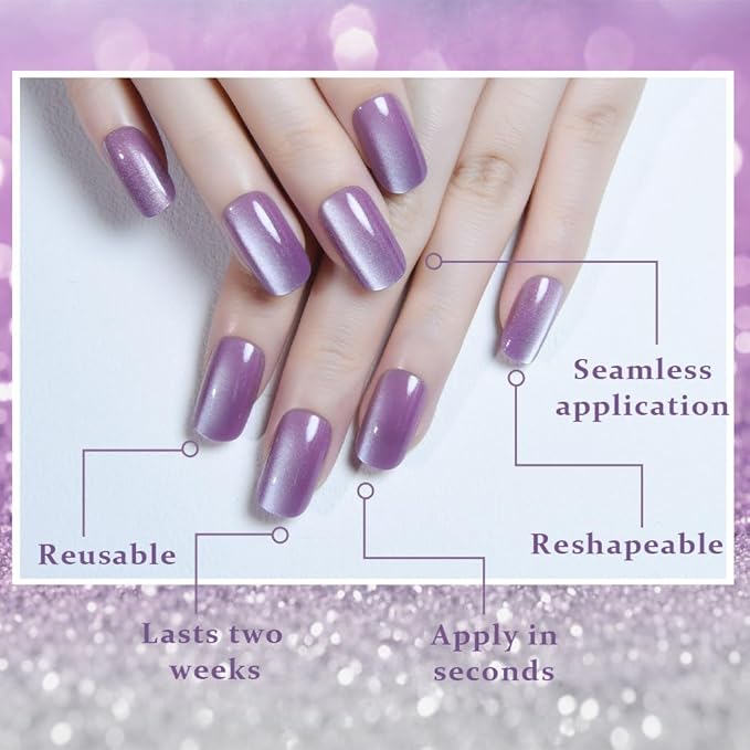 Lavender Purple Cat Eye Press on Nails Medium Square, Medium Square Press Stick on Nails Chrome for Women, Purple Holographic Glitter Glossy Reusable Gel Acrylic Fake Nail with Design Cateye Effect