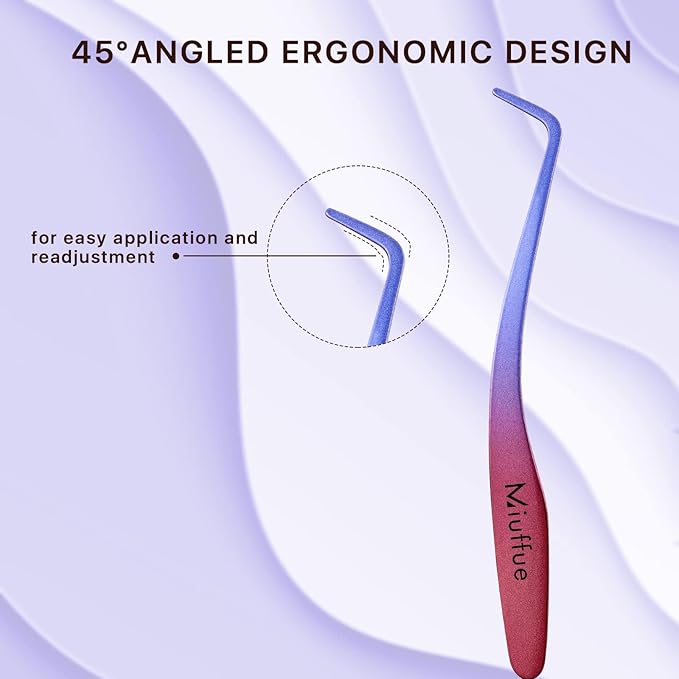 Miuffue Lash Applicator Tool DIY Eyelash Applicator Stainless Steel Curved Eyelash Tweezers for Cluster Lashes, Purple Gradient
