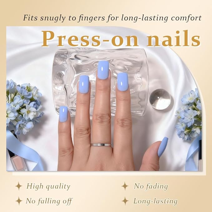 evpct Sky Blue Short Square Glossy Press on Nails for Women Gift, Glossy Sky Blue Fake Nail with Nail Kit Manicure Kit, Soft Gel Full Cover Reusable Stick on Soft Acrylic False Nails Perfectly Fit